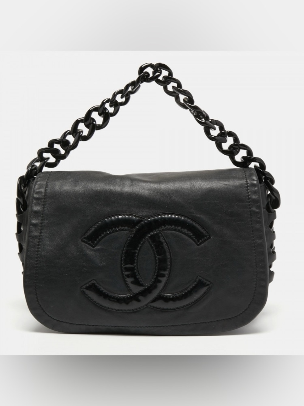 AUTHENTIC CHANEL Black Leather Shoulder Bag with Patent CC Emblem
